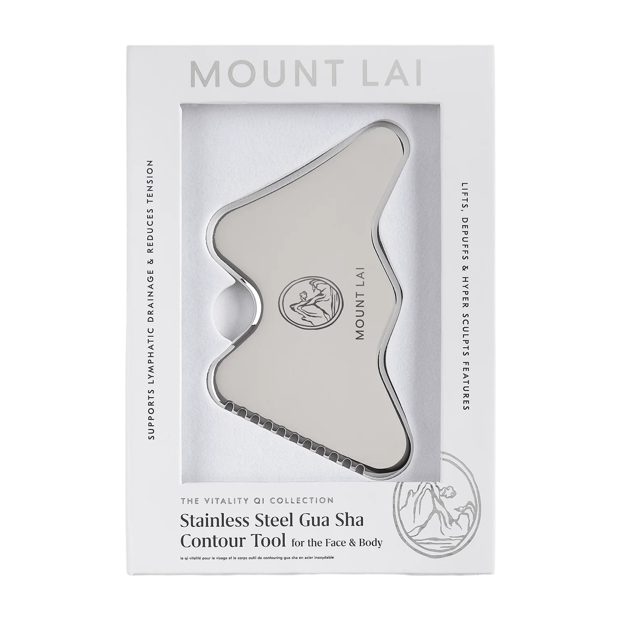 Mount Lai stainless steel Gua Sha contour tool packaging on a white background