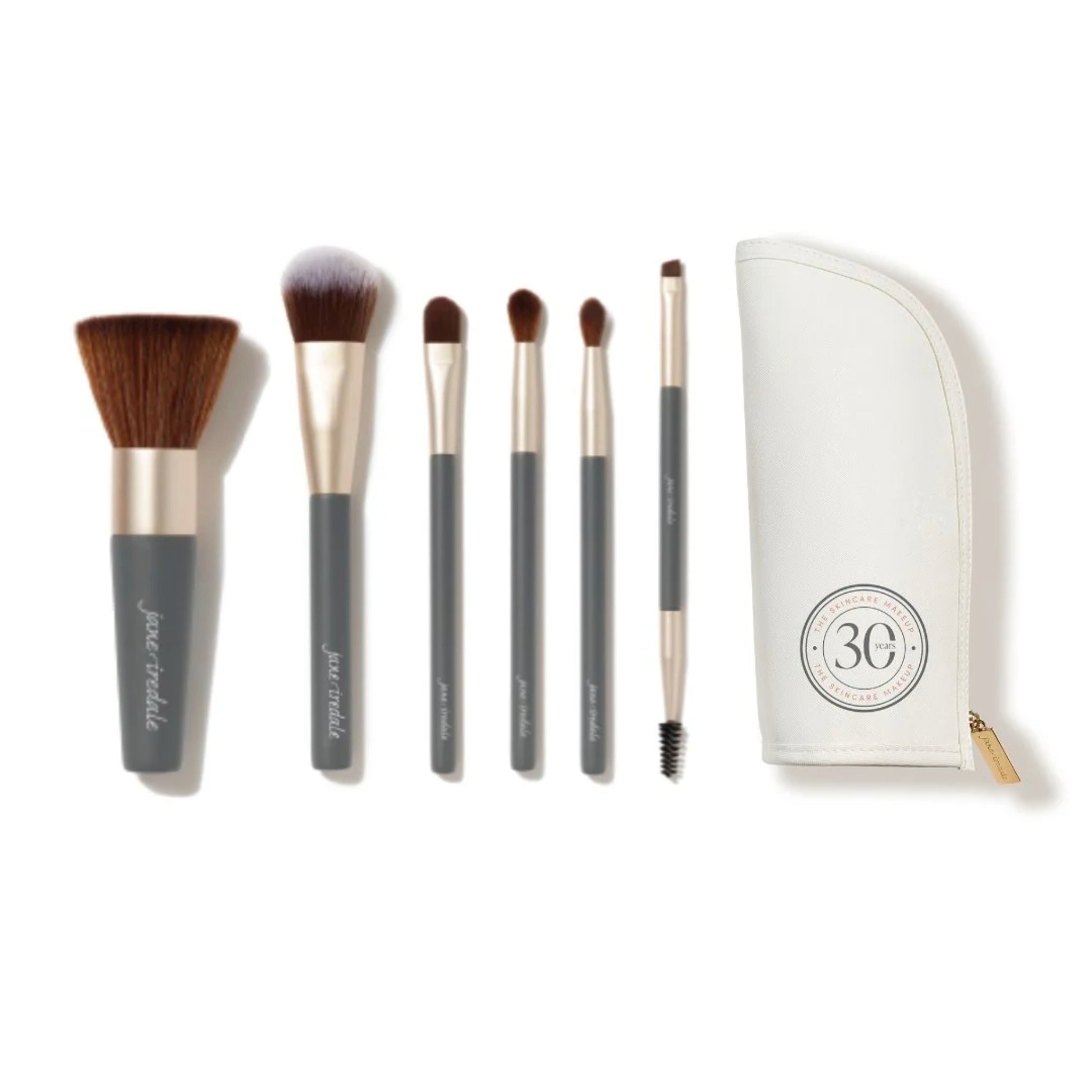 Jane Iredale Handi Brush Set with six vegan makeup brushes and white travel case — cruelty-free, professional brush collection at BSE.