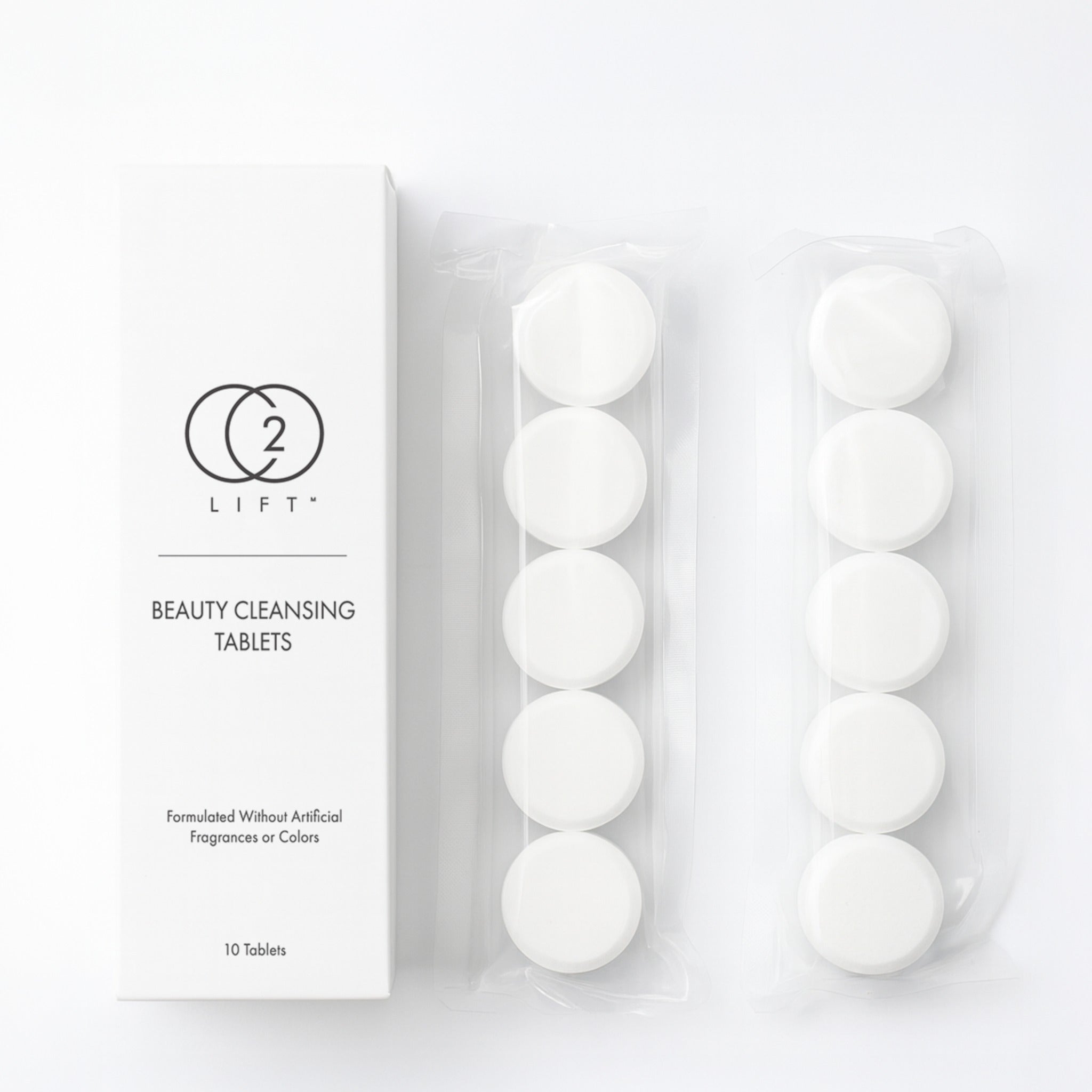 CO2Lift® Beauty Cleansing Tablets by Lumisque — white effervescent cleanser tablets and product box shown on a clean background.