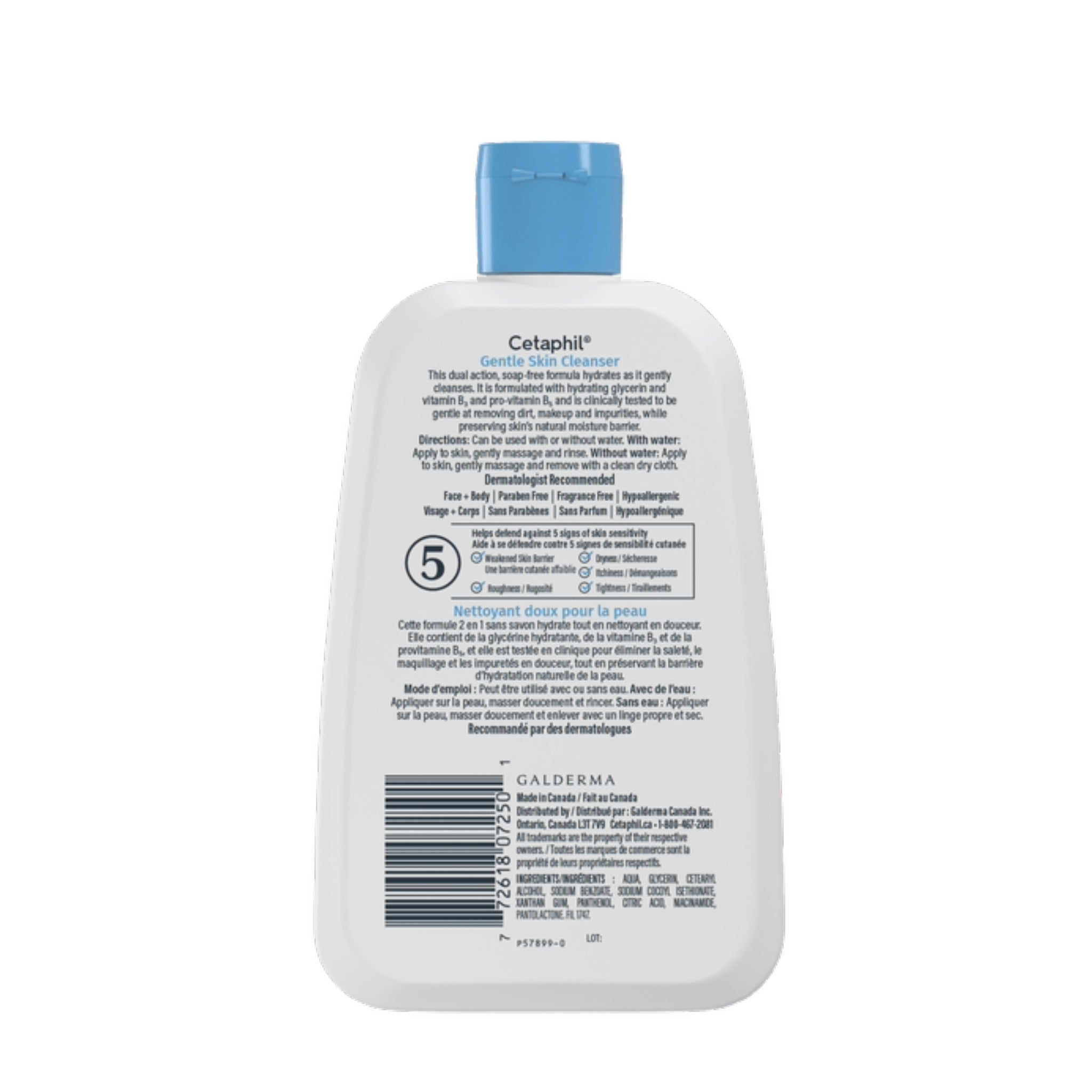 Back of Cetaphil Gentle Skin Cleanser bottle 250ml showing directions and ingredients for sensitive skin – at bskinenvie.