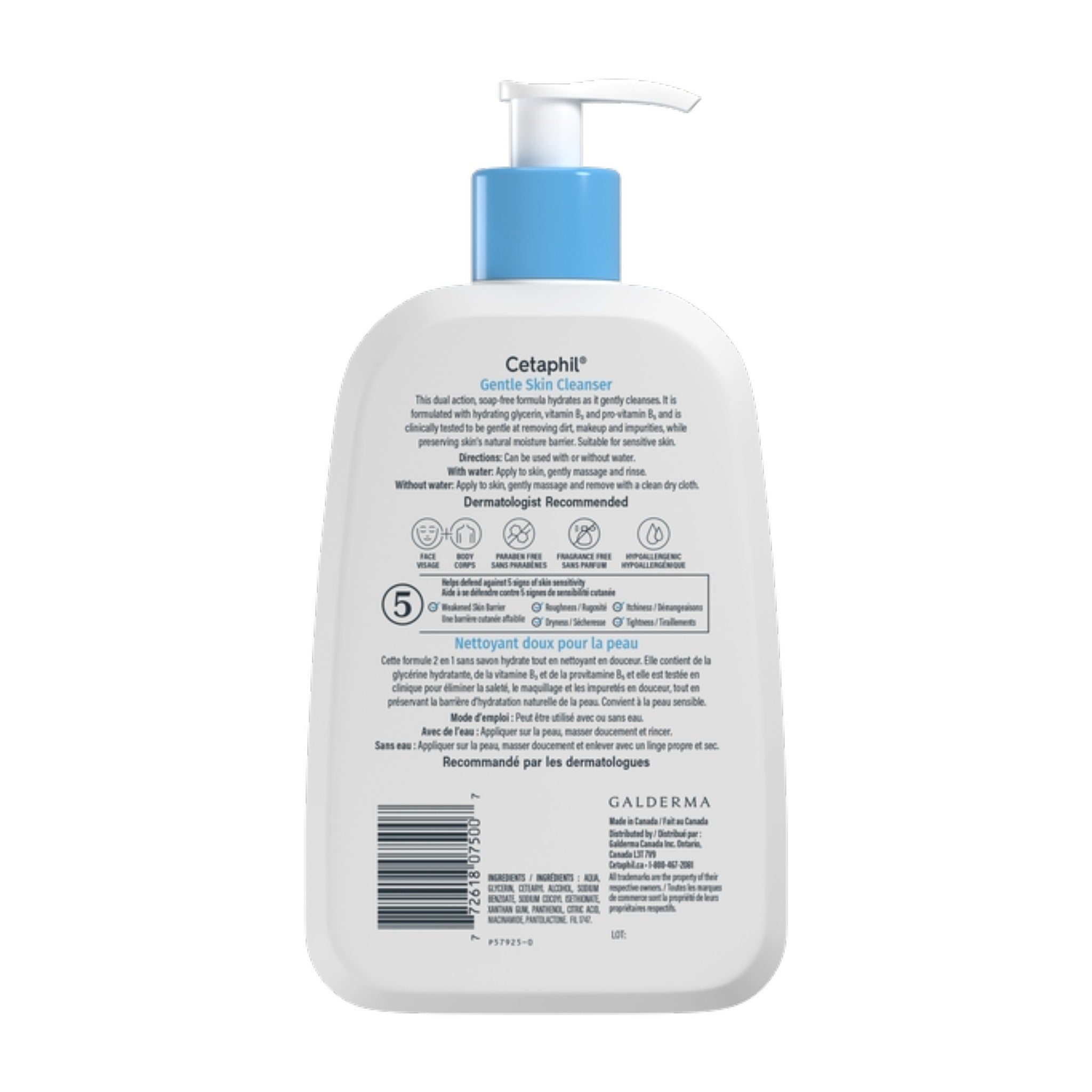 Back of Cetaphil Gentle Skin Cleanser bottle 500ml showing directions and ingredients for sensitive skin – at bskinenvie.