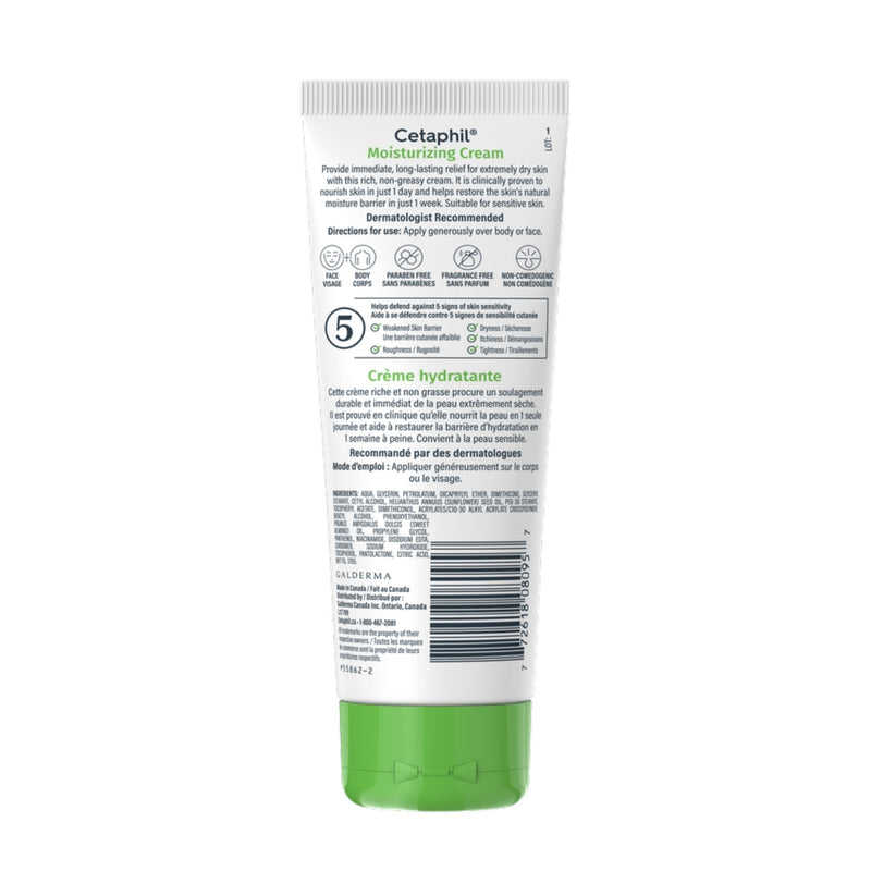 Back of Cetaphil Moisturizing Cream 85g tube showing ingredients, directions, and benefits for very dry to normal skin – at bskinenvie.