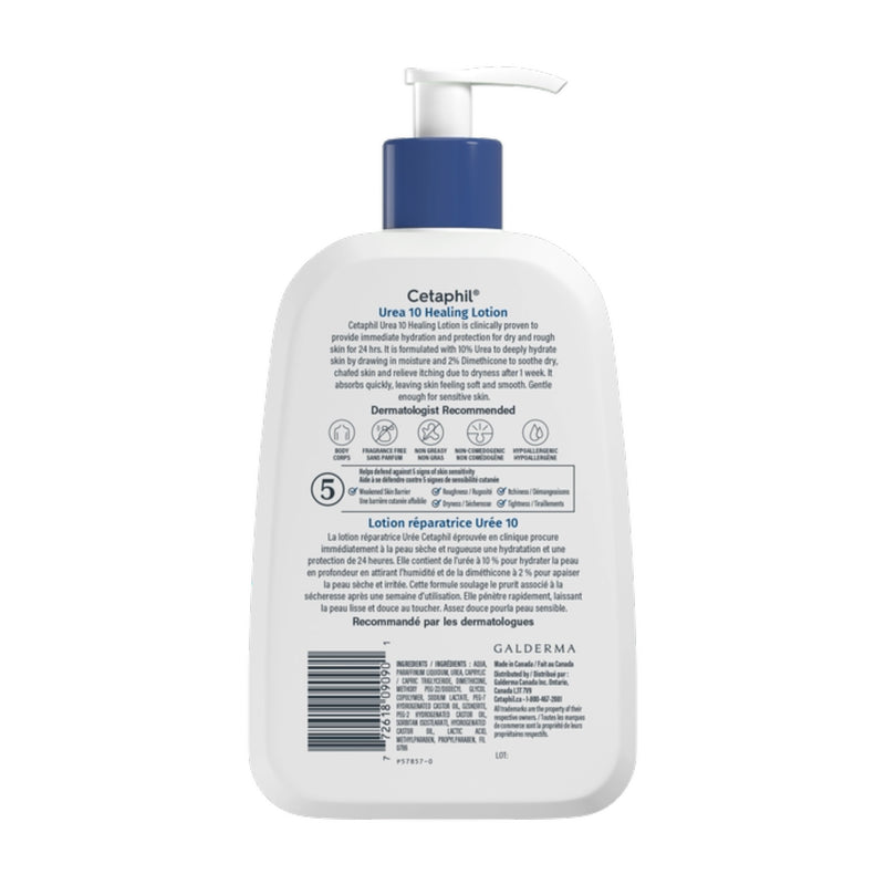 Back of Cetaphil Urea 10 Healing Lotion bottle showing ingredients, directions, and benefits for dry sensitive skin – at bskinenvie.