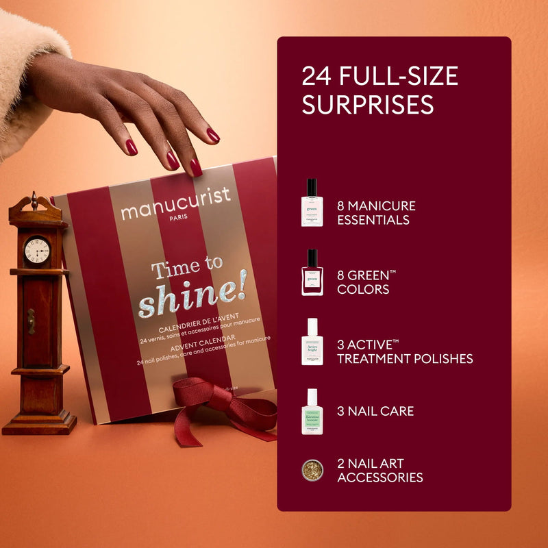 A hand reaches for a Manucurist Advent Calendar Time to Shine! box, placed beside a small clock and a list highlighting 24 full-size surprises inside, such as nail and hand care essentials, polishes including Active™ Shine Icy, manicure tools, and nail art accessories.