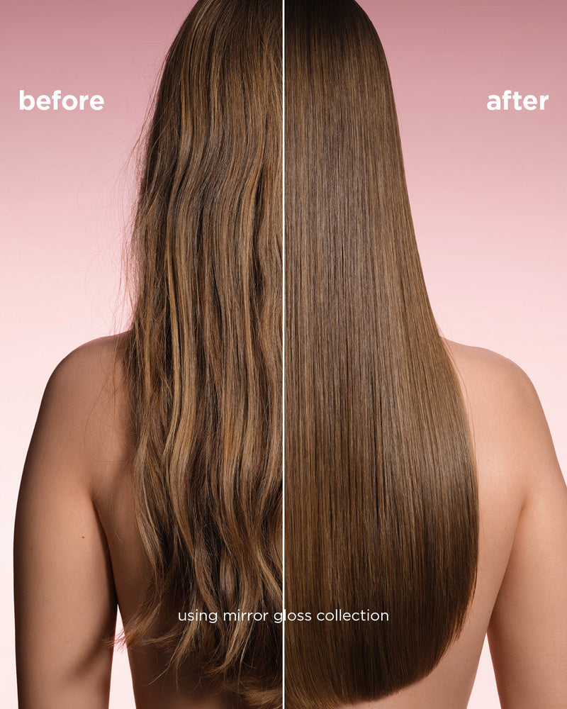 Before and after comparison of hair using Mirror Gloss Collection on a pink background