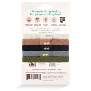 KOOSHOO 100% plant-based and plastic-free organic hair ties 5-pack back of packaging. Positive environmental change. Ethical manufacturer, GOTS certified nontoxic dyes, social good enterprise and feeling good #color_classics