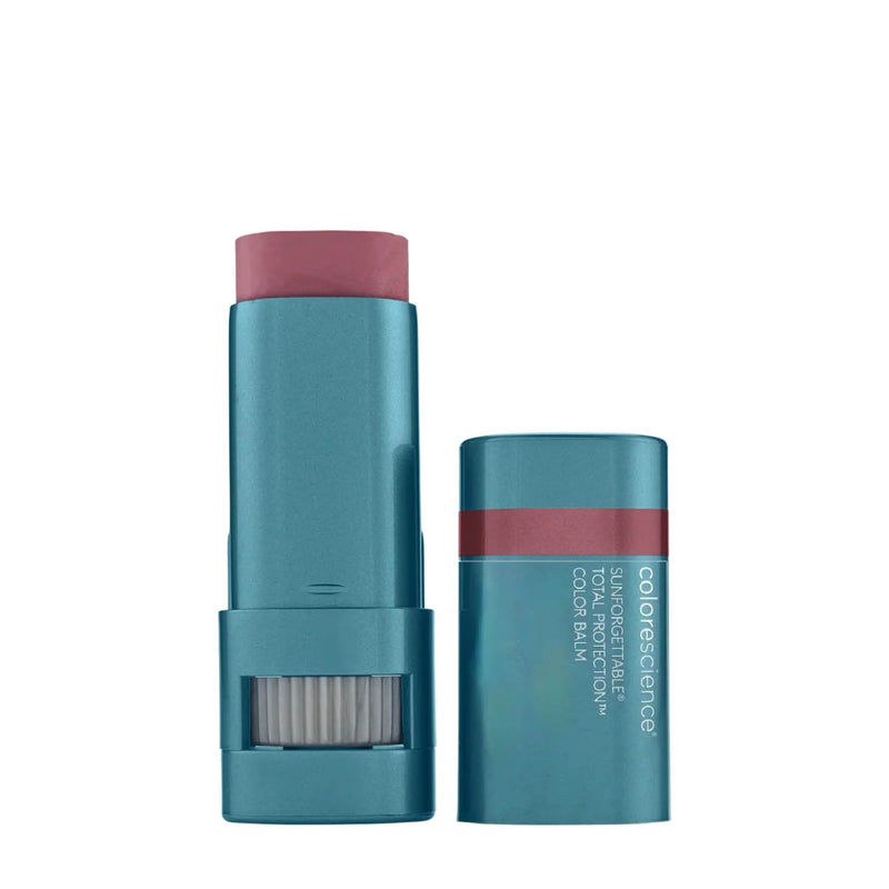 Colorescience Sunforgettable Total Protection Color Balm SPF 50 tinted sunscreen stick in teal twist-up packaging with cap off