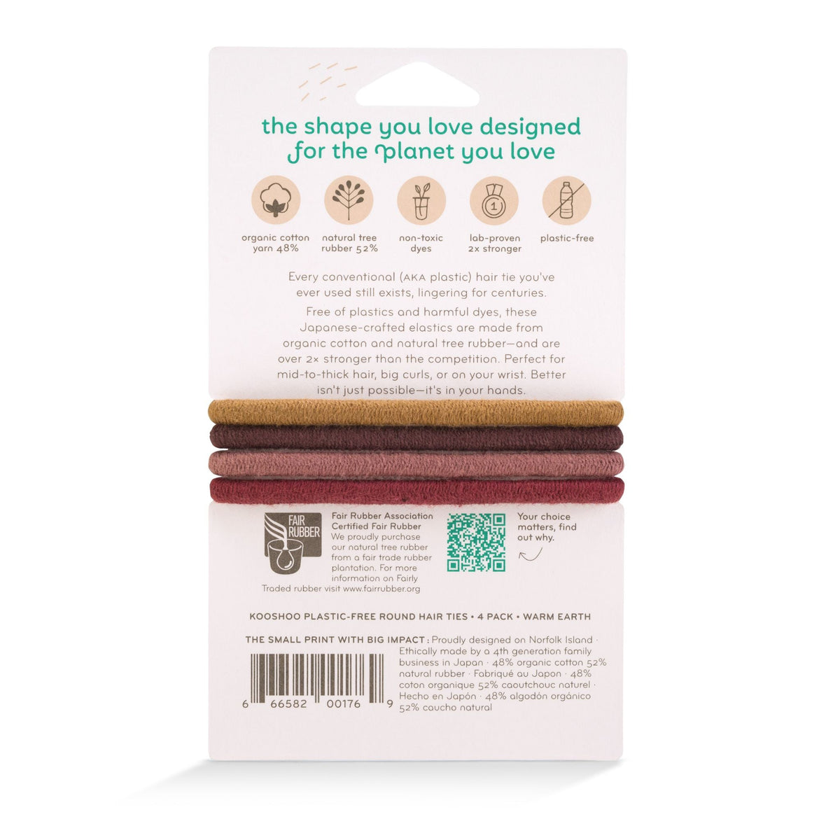 Packaging of round hair ties with "the shape you love designed for the planet you love" text and icons on a white background
#color_warm-earth-4-pack