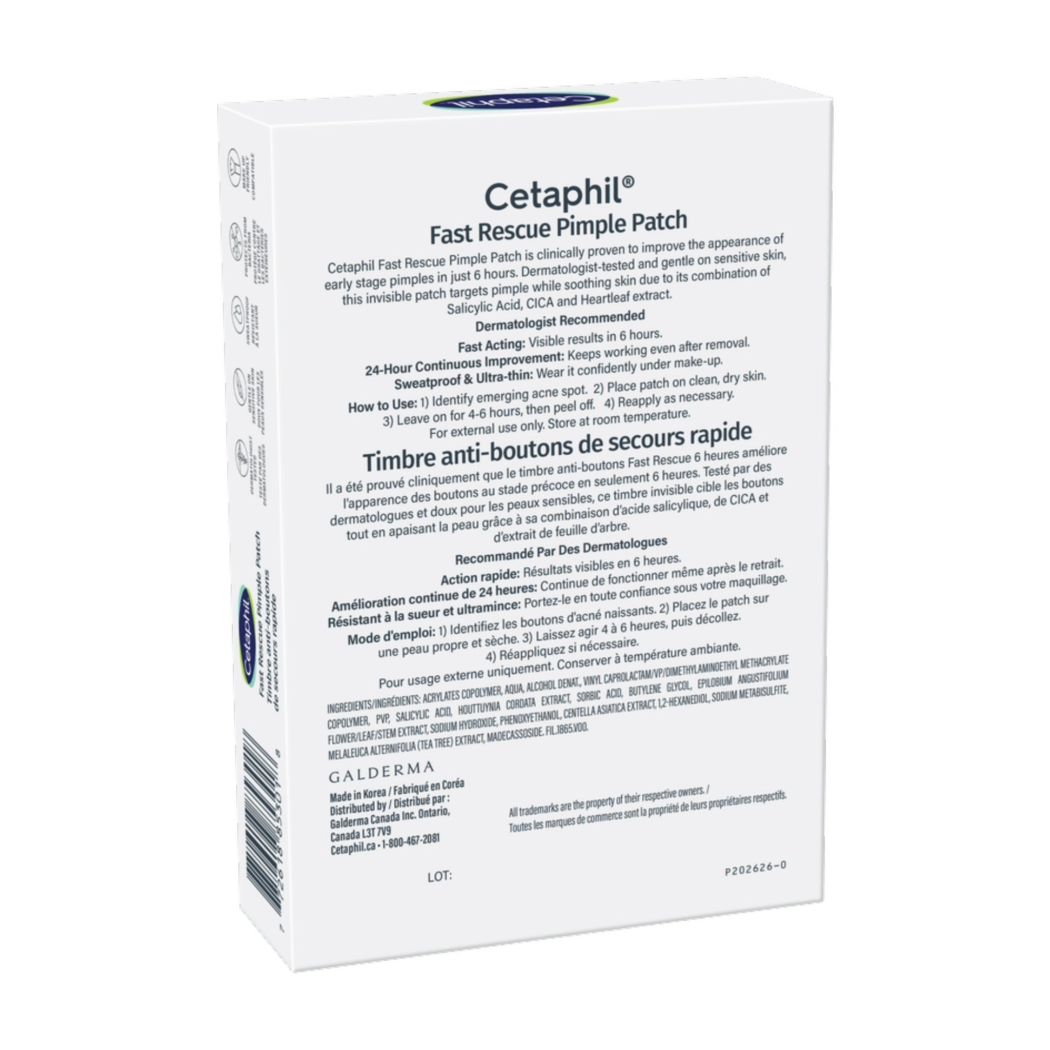 Back of Cetaphil Fast Rescue Pimple Patch box showing ingredients, directions, and benefits for acne-prone skin – at bskinenvie.