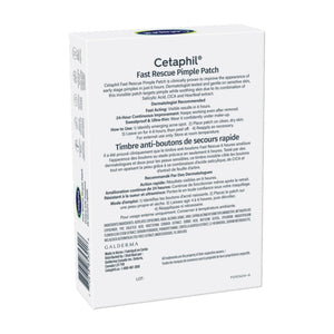 Back of Cetaphil Fast Rescue Pimple Patch box showing ingredients, directions, and benefits for acne-prone skin – at bskinenvie.