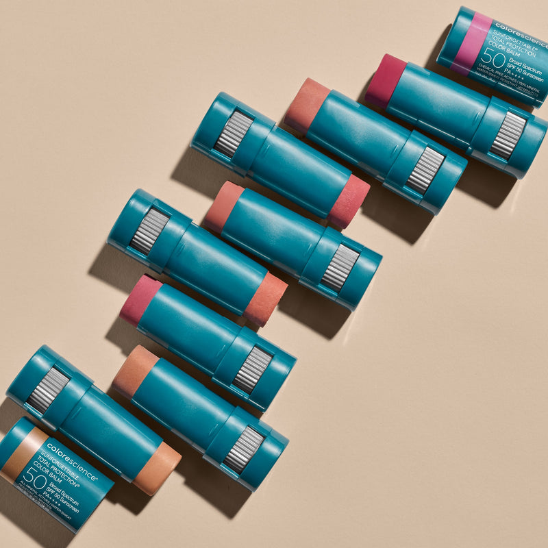 Colorescience Sunforgettable Total Protection Color Balm SPF 50 sticks arranged diagonally in multiple shades