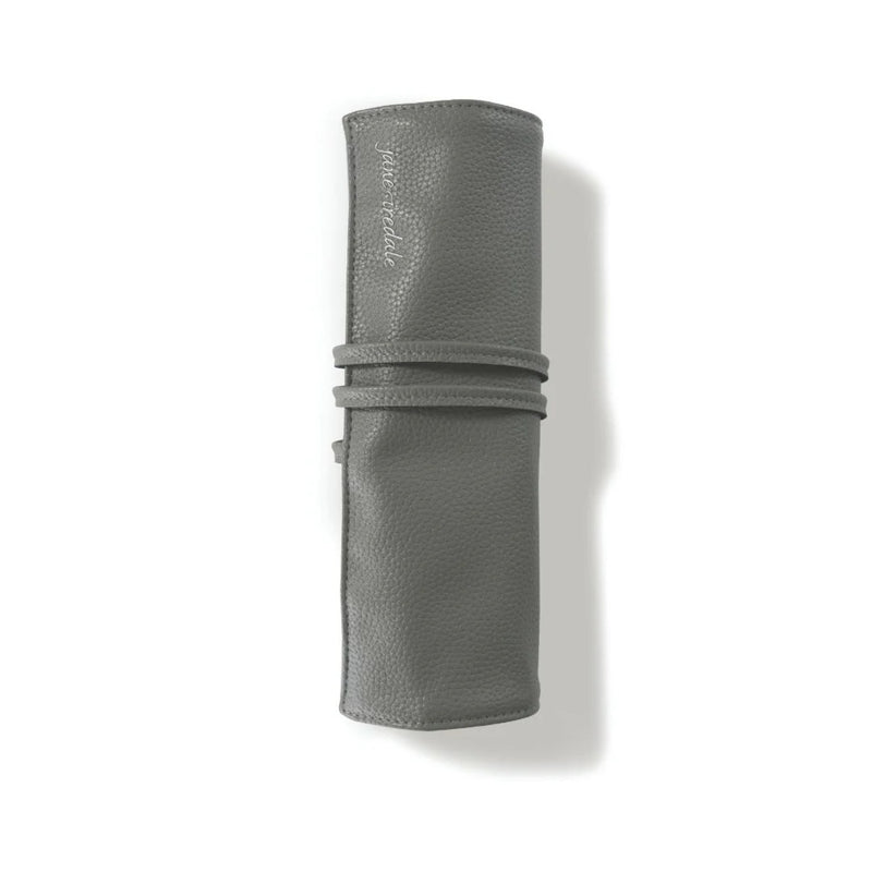 Jane Iredale Brush Roll in soft grey vegan leather, sleek makeup brush organizer available at bskinenvie.