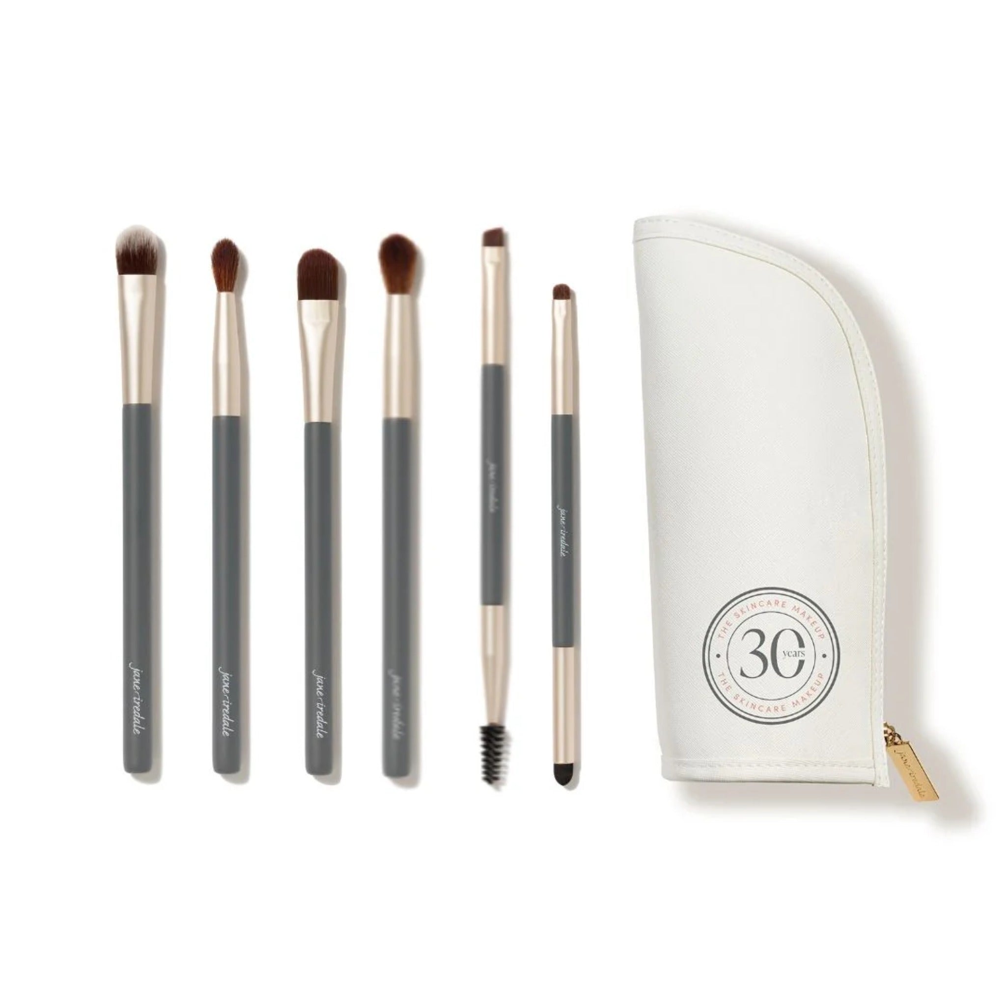 Jane Iredale Handi Eye Brush Set featuring six vegan makeup brushes and white travel case — cruelty-free precision tools available at BSE.