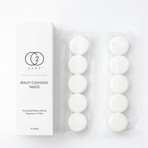 CO2Lift® Beauty Cleansing Tablets by Lumisque — white effervescent cleanser tablets and product box shown on a clean background.