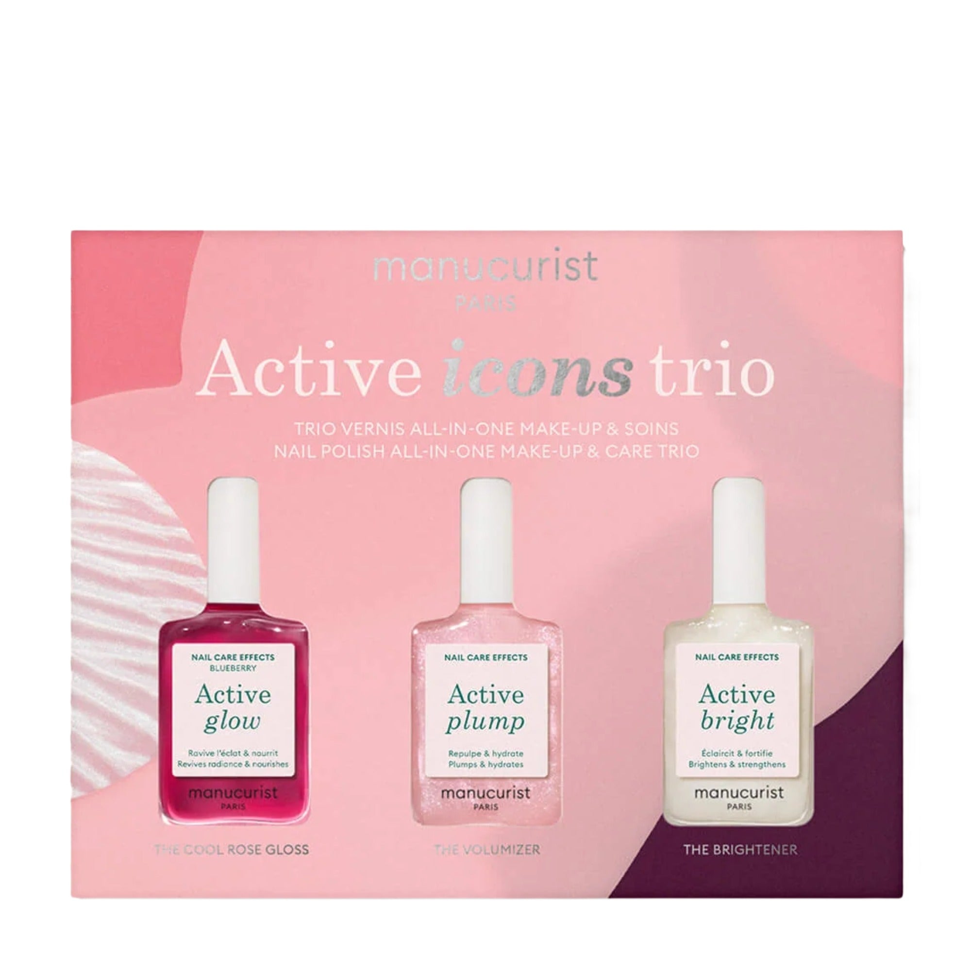 Manucurist Active Icons Trio set with Active Glow, Active Plump, and Active Bright nail polishes in pink packaging.