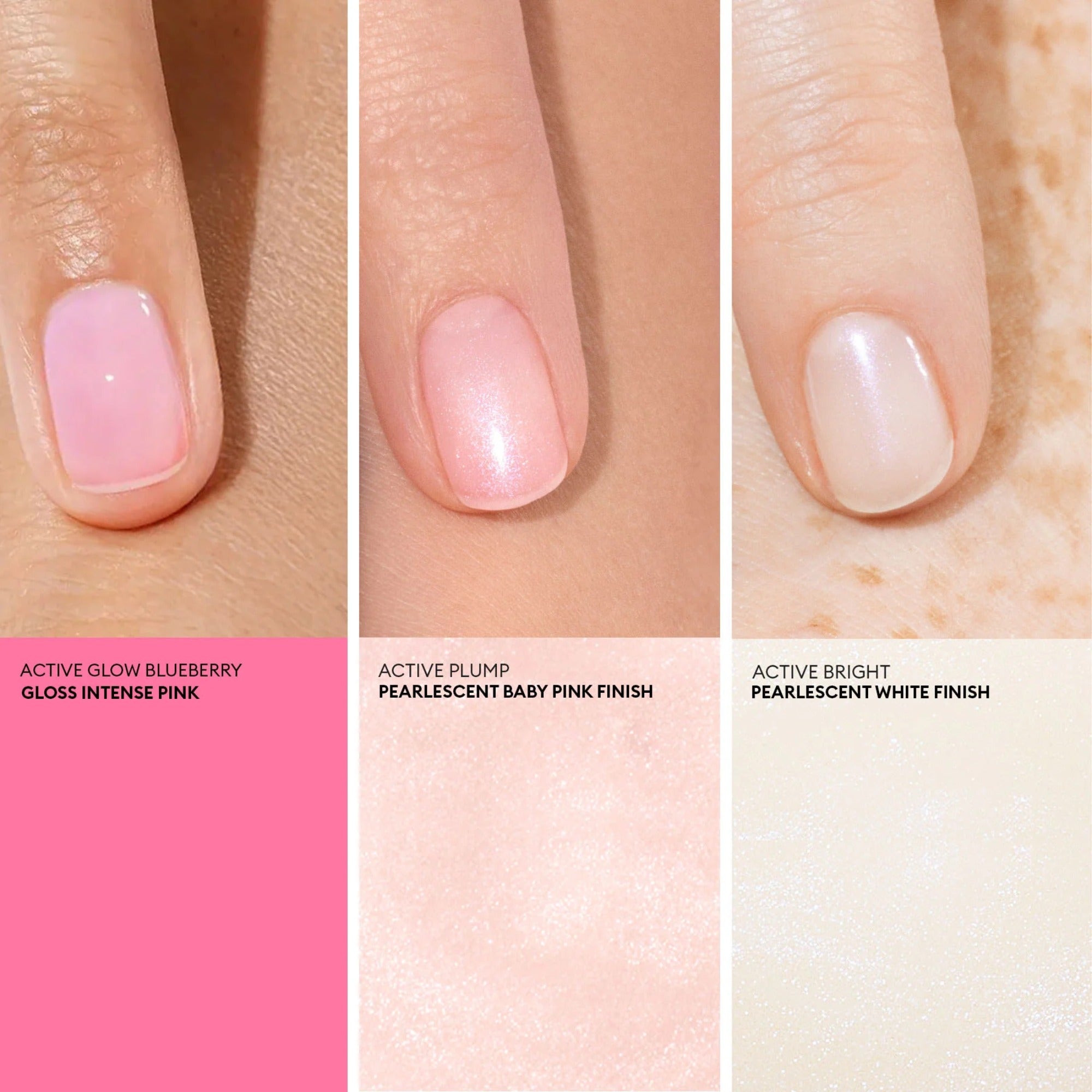 Close-up of Manucurist Active Icons Trio nail polish finishes: glossy pink, pearlescent baby pink, and pearlescent white.