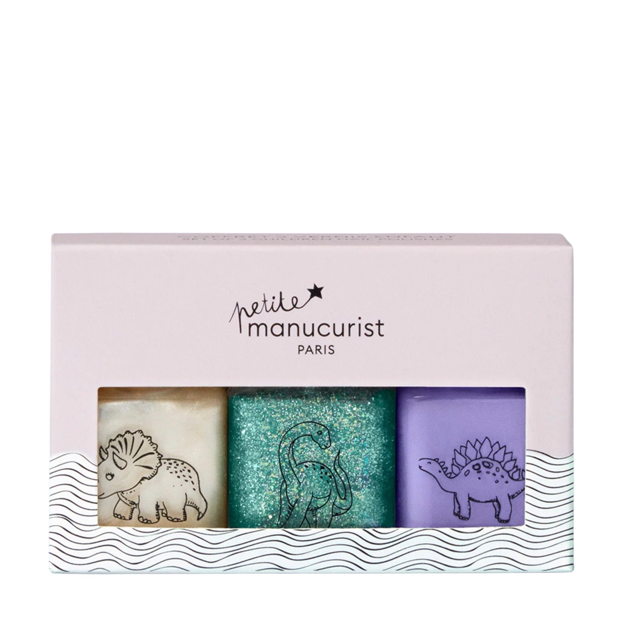 Petite Manucurist Wild Life Kit kids’ nail polish set with pearly beige, forest green, and violet shades.