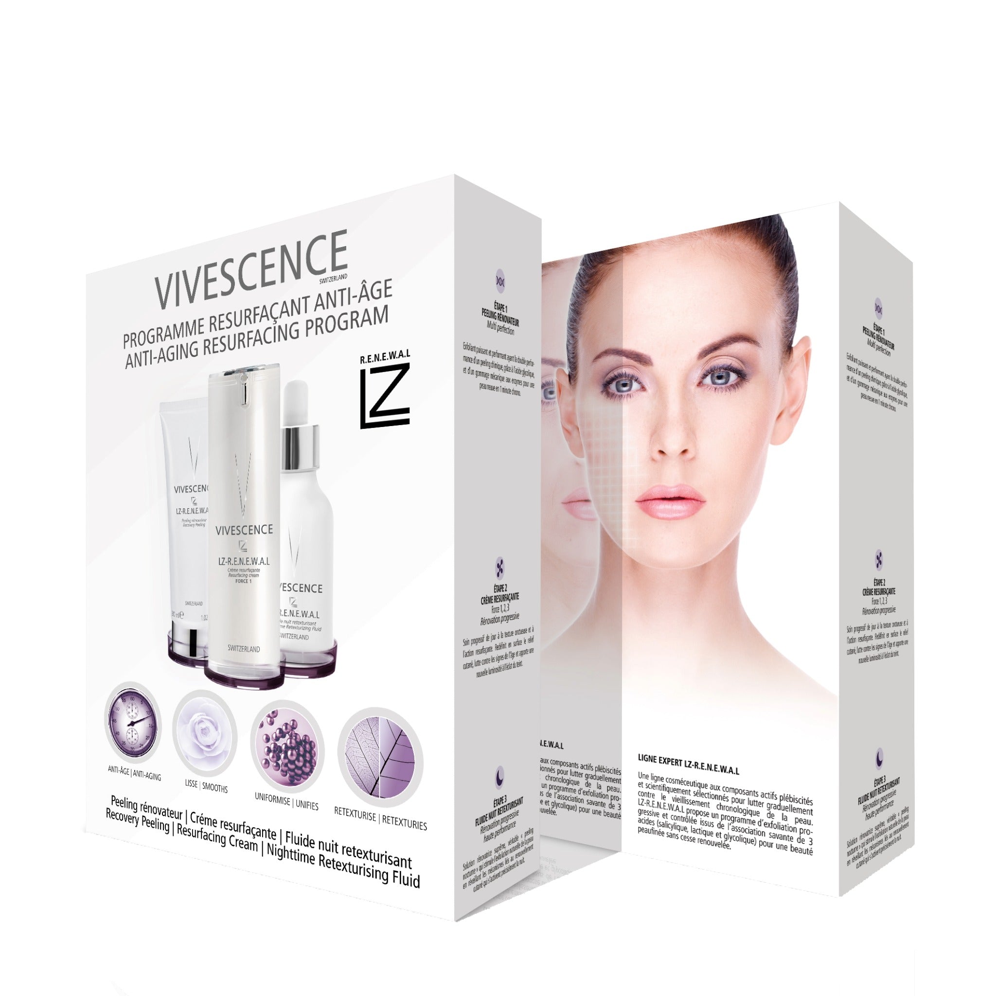 Vivescence L.Z. R.E.N.E.W.A.L. Force 3 Anti-Aging Resurfacing Program set with peeling, cream, and retexturizing fluid from bskinenvie.